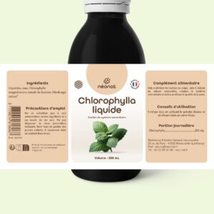 Complément alimentaire Chlorophylle liquide – flacon avec étiquette complète – Néonat