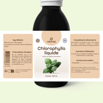 Complément alimentaire Chlorophylle liquide – flacon avec étiquette complète – Néonat
