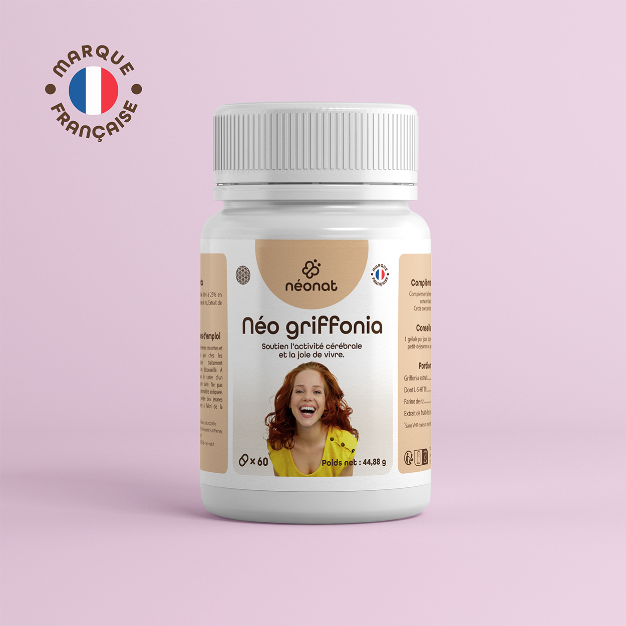 neo-griffonia-60-gelules Complément griffonia naturel sérénité sommeil – flacon vu de face – Néonat