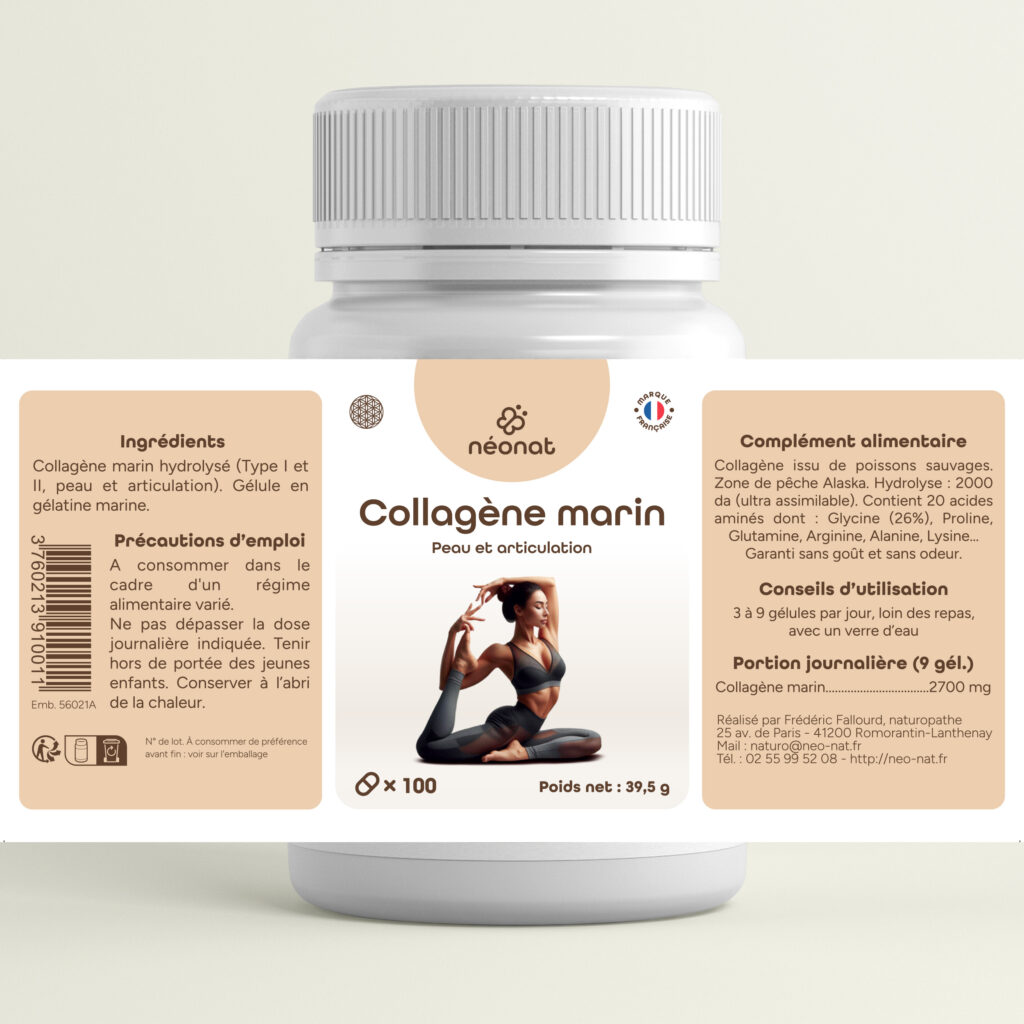 Complément alimentaire Collagène marin – flacon avec étiquette complète – Néonat