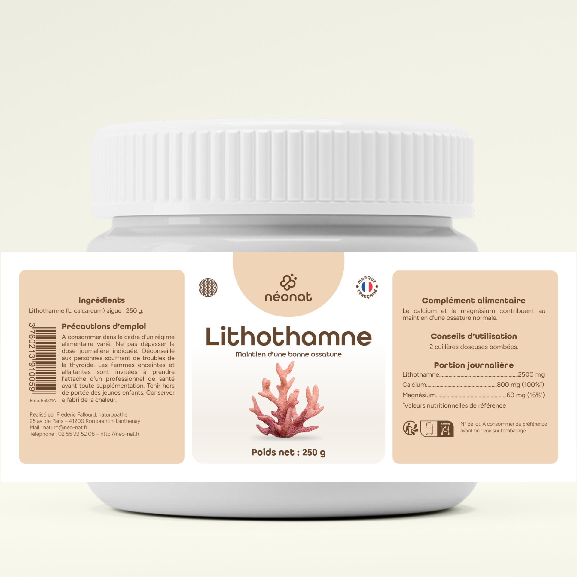 Complément alimentaire Lithothamne – flacon avec étiquette complète – Néonat