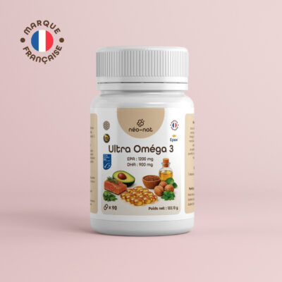 Pot d'Ultra Oméga 3 néo-nat de 90 capsules, EPA 1200 mg et DHA 900 mg, marque française