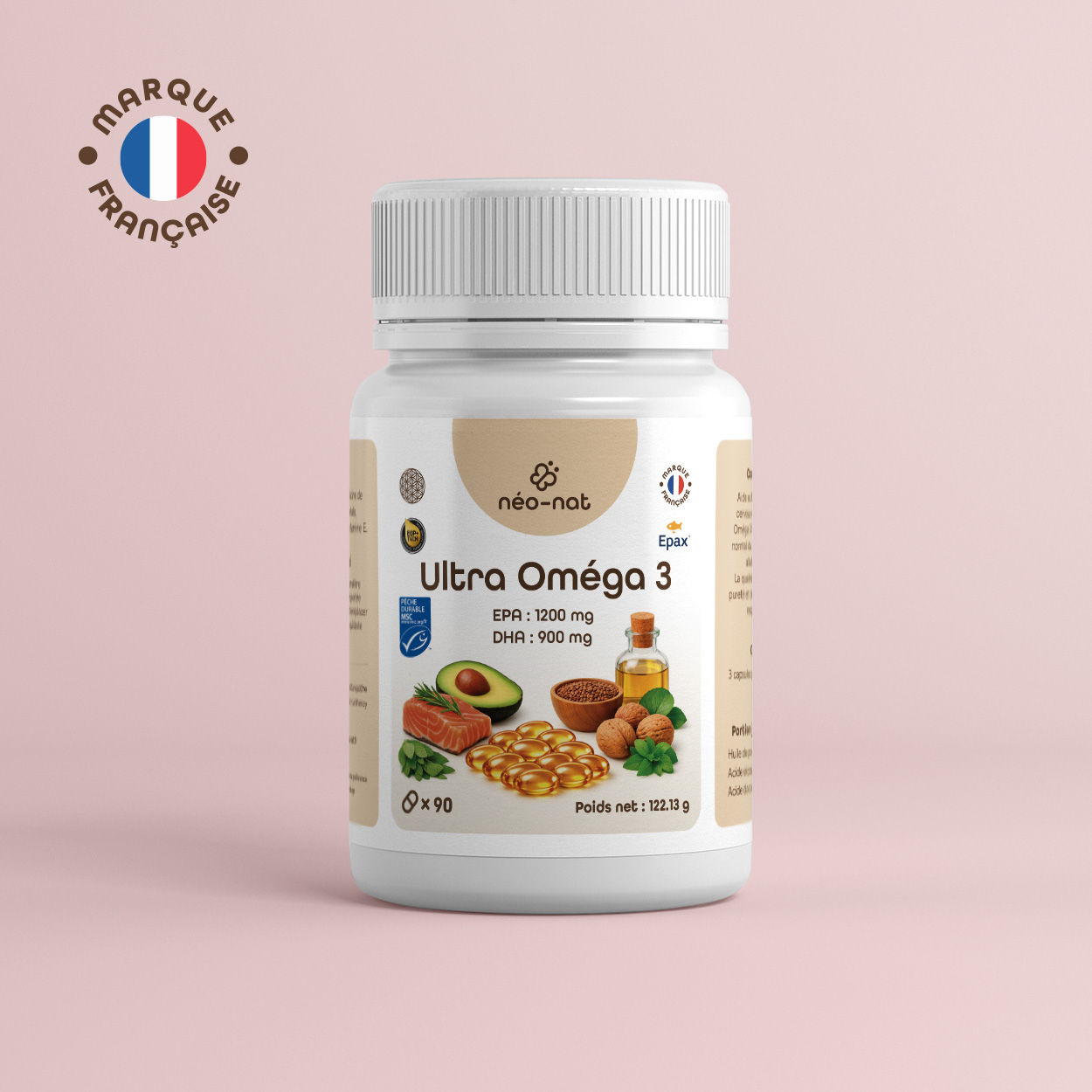 Pot d'Ultra Oméga 3 néo-nat de 90 capsules, EPA 1200 mg et DHA 900 mg, marque française